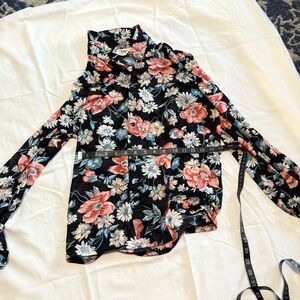 Vintage Floral Button Front Blouse Black Long Sleeve 70s Made in USA Size S A5